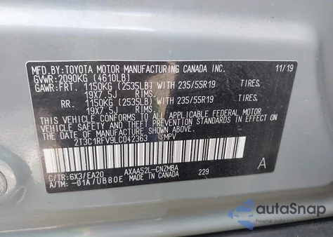 2020 Toyota Rav4 Xle Premium from USA, damaged, VIN 2T3C1RFV9LC042363